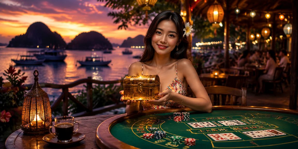 Pemain menikmati sesi baccarat live casino grandbet888 di kafe modern