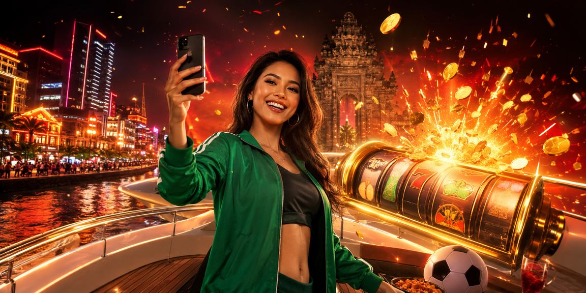 Tampilan slot game dengan lampu neon warna-warni di arena hiburan malam